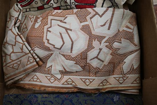 A Chinese embroidered silk and metal thread collar, a sage green brocade panel and other textiles